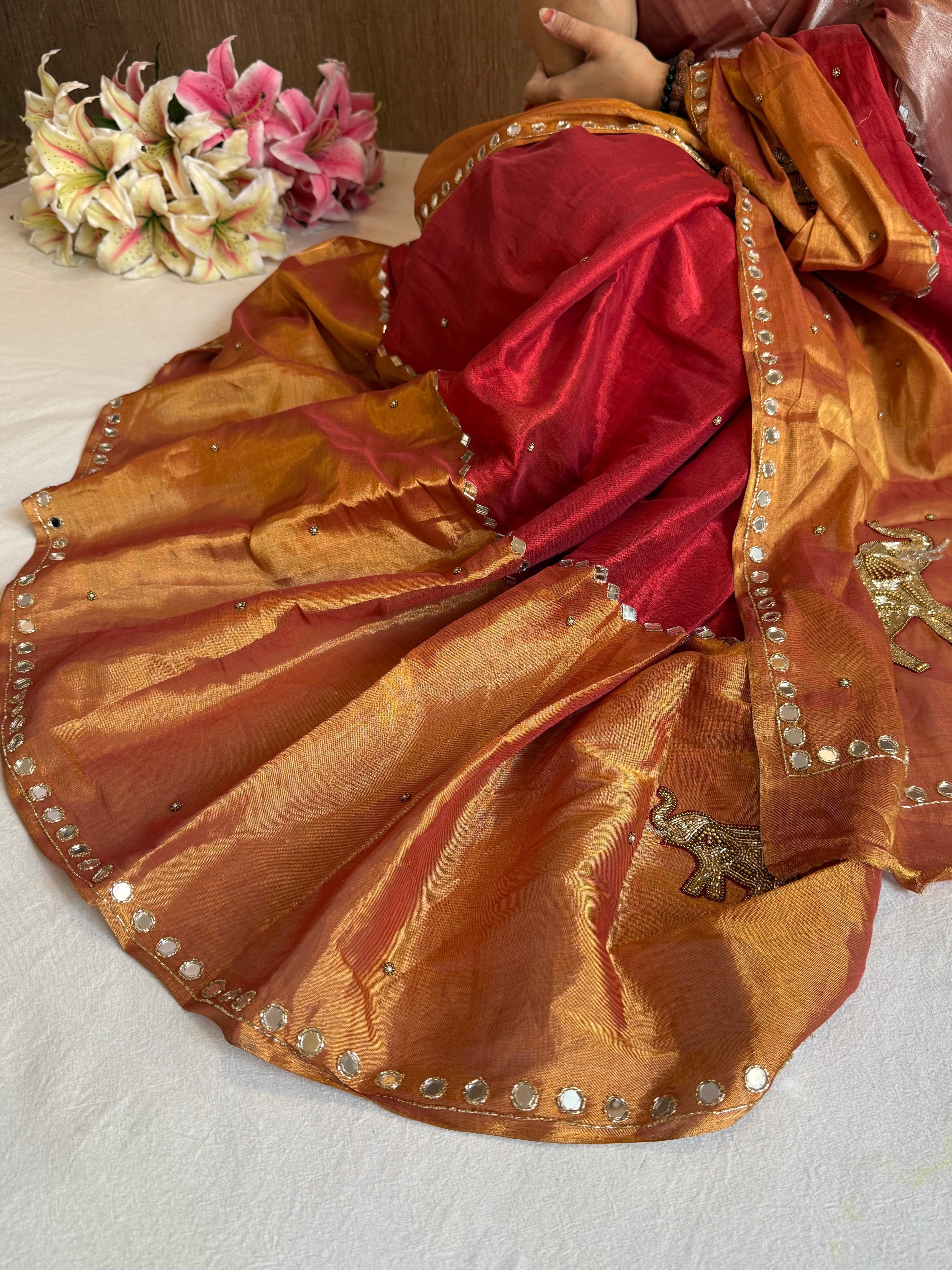 Satin tissue silk multicoloured hand embroidered kadhwa saree